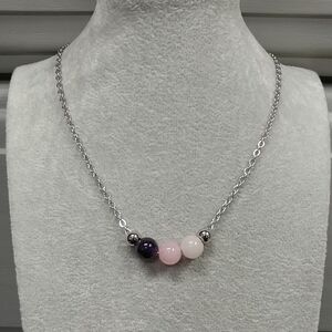 Rose Quartz Amethyst Three Bead Necklace Natural Gemstone Crystal StainlessSteel